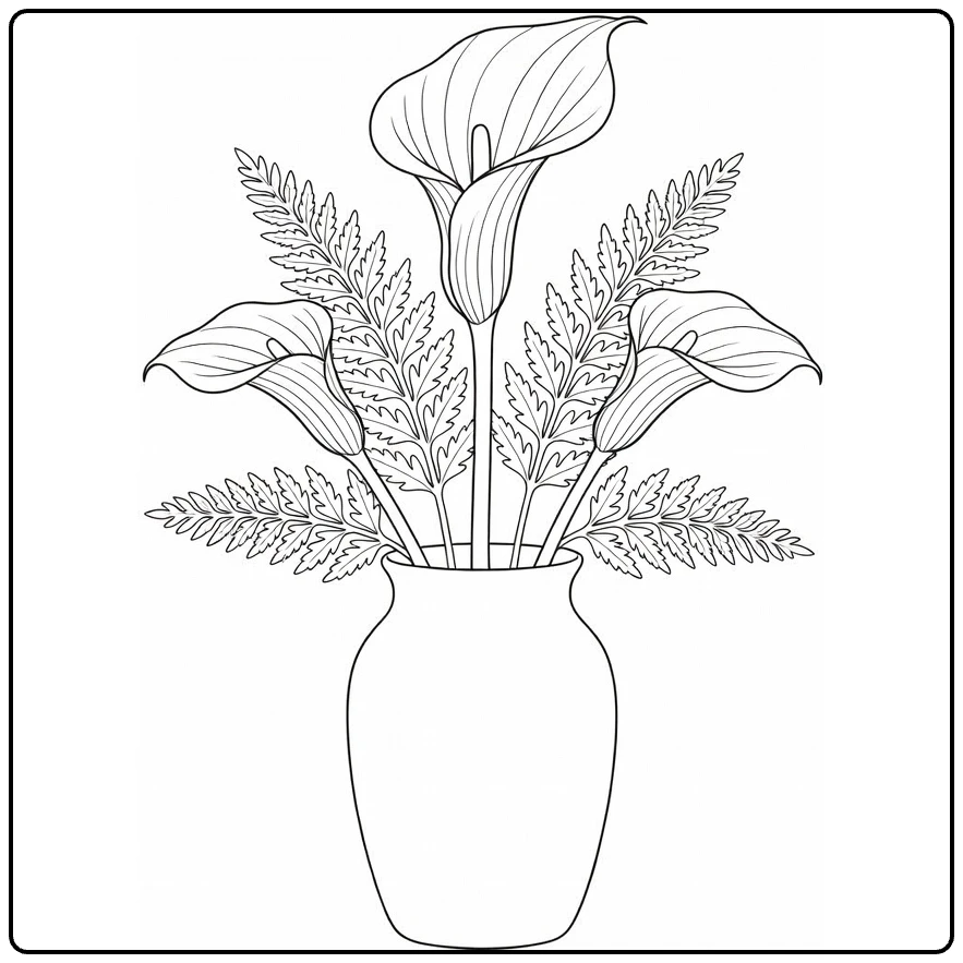 Zantedeschia kleurplaat met calla lelies in vaas
