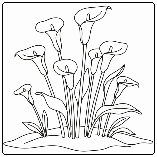 Zantedeschia kleurplaat met calla lelies in bloembed