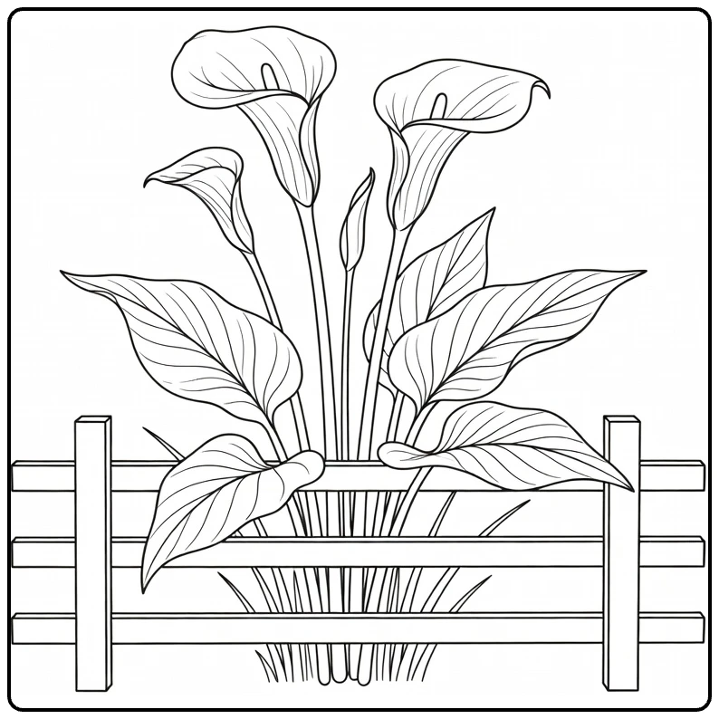 Zantedeschia kleurplaat met calla lelies bij tuinhek