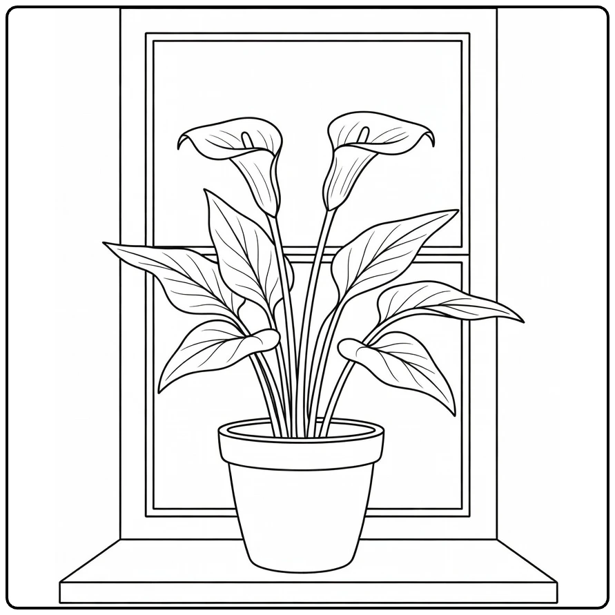 Zantedeschia kleurplaat met calla lelie op vensterbank