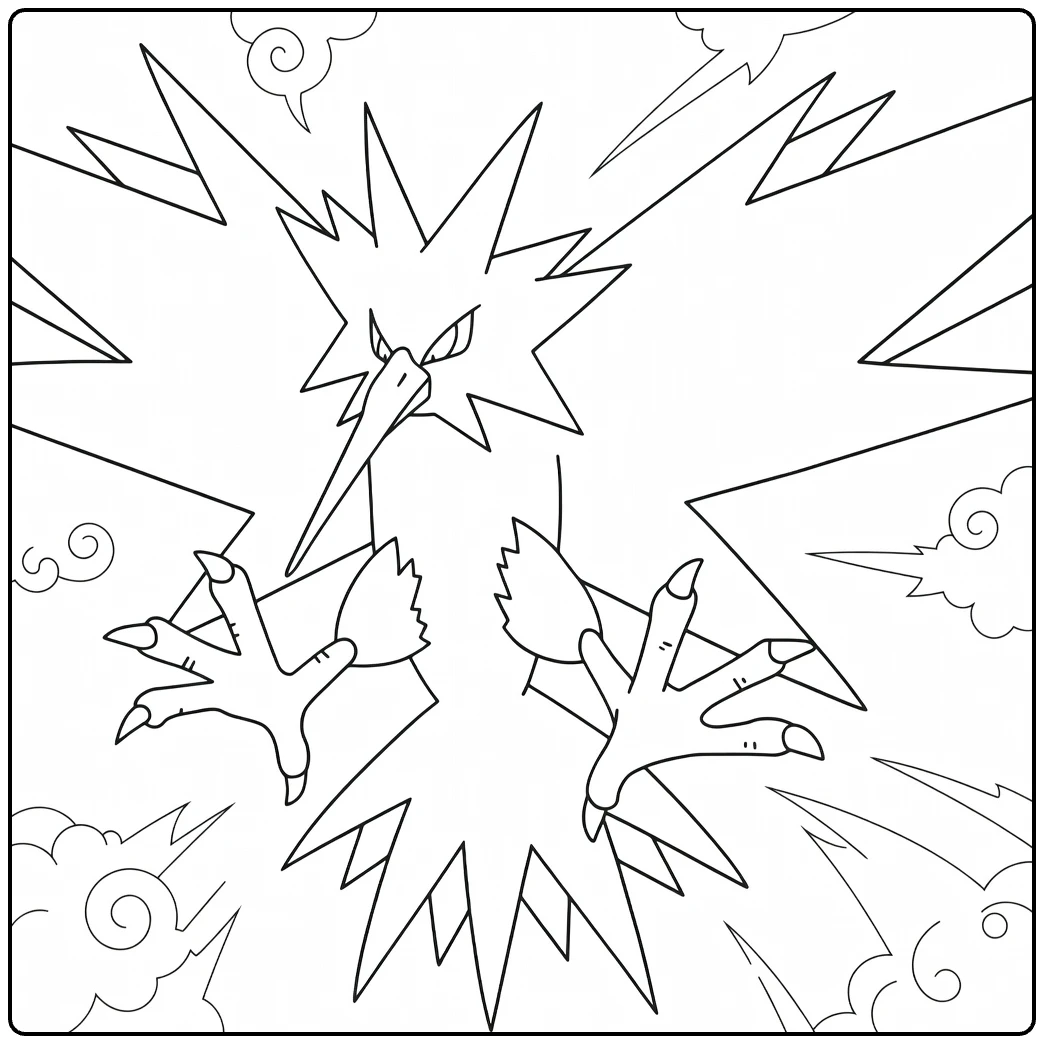 Zapdos Kleurplaat met bliksemschichten en wolken