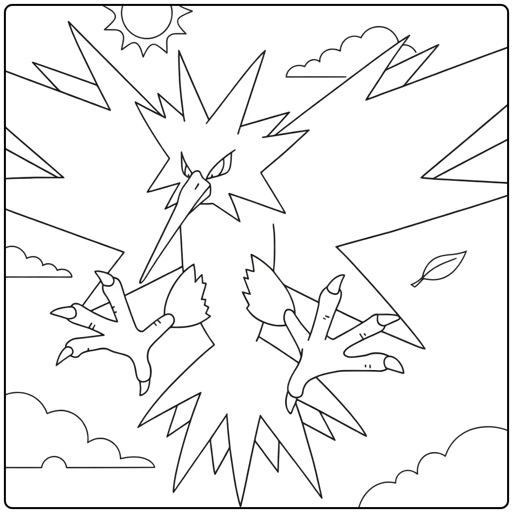 Zapdos Kleurplaat: vliegende Pokémon met bliksems, zon