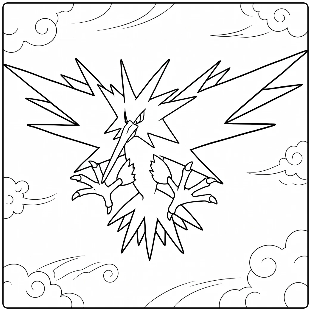 Zapdos Kleurplaat: vliegende elektrische Pokémon met wolken