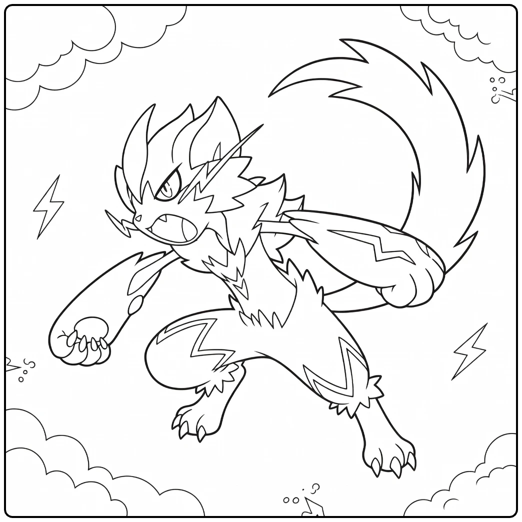 Zeraora Kleurplaat met bliksems en wolken