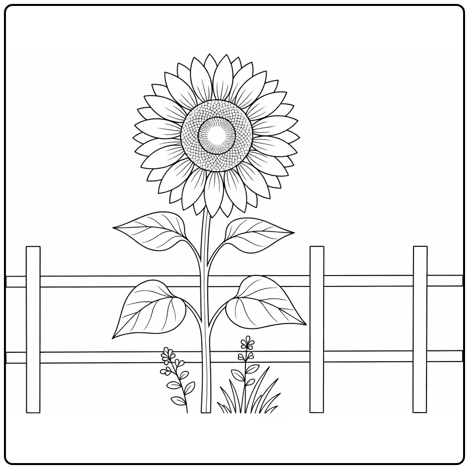 zonnebloem kleurplaat met houten hek en planten