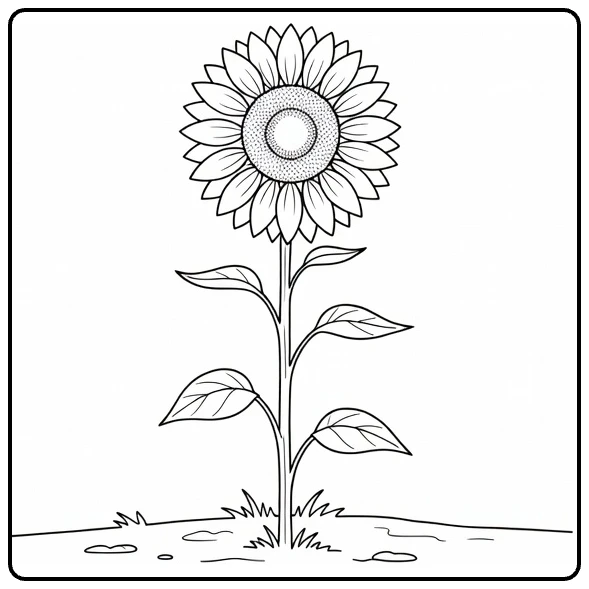 Zonnebloem kleurplaat van hoge bloem in tuin met lucht
