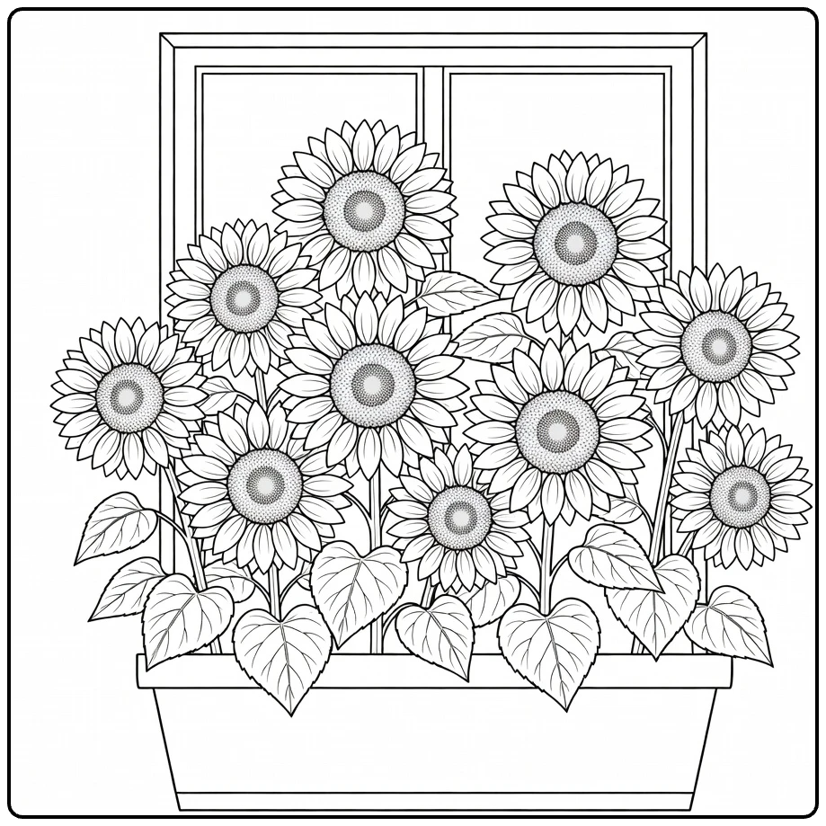 zonnebloem kleurplaat met bloeiende zonnebloemen in vensterbank