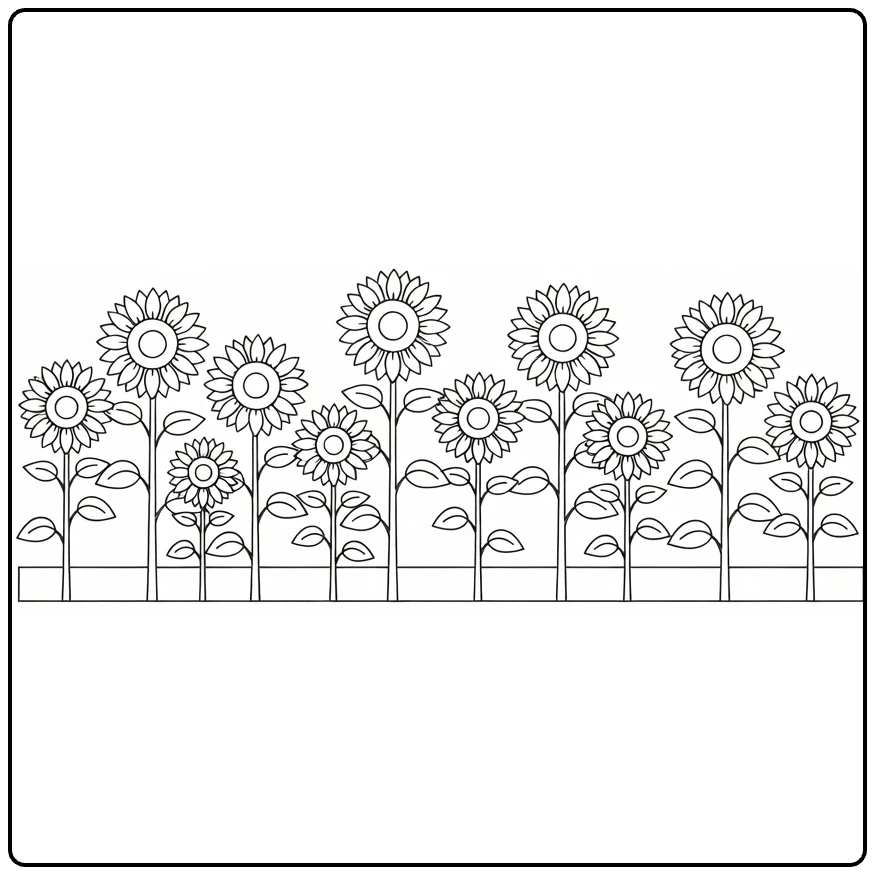 zonnebloem kleurplaat met rij zonnebloemen in bloembed