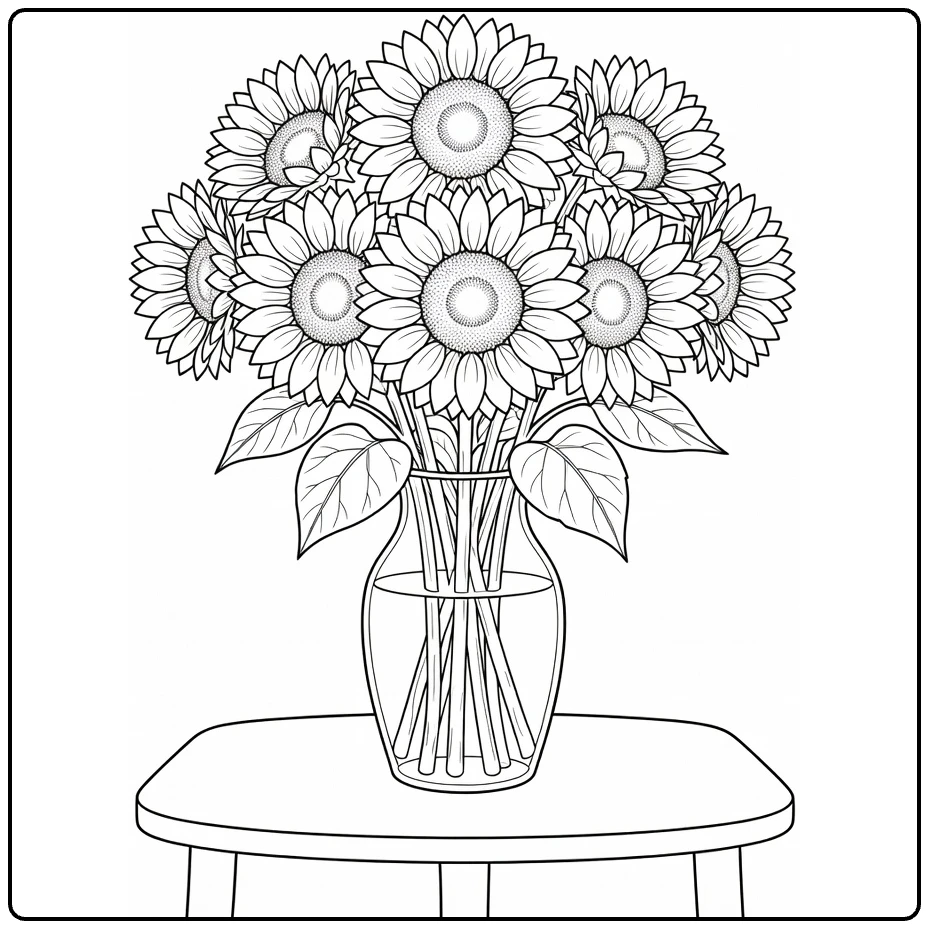 zonnebloem kleurplaat met boeket in glazen vaas op tafel