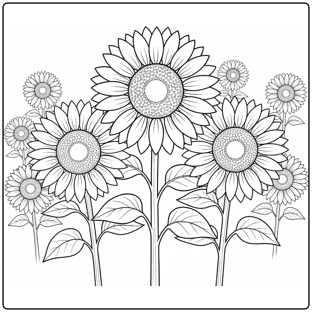 zonnebloem kleurplaat met drie zonnebloemen in het veld