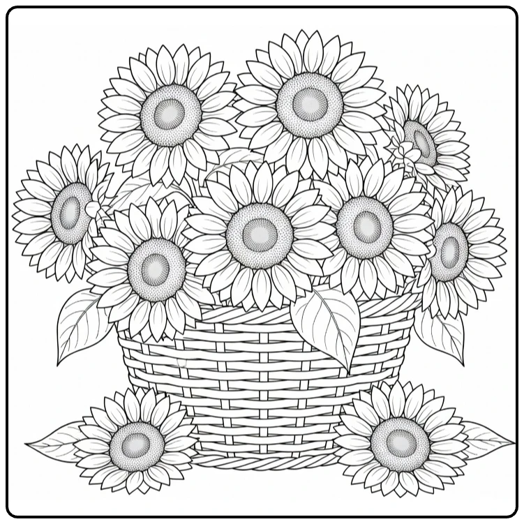 Zonnebloem kleurplaat met mand vol zonnebloemen en bladeren