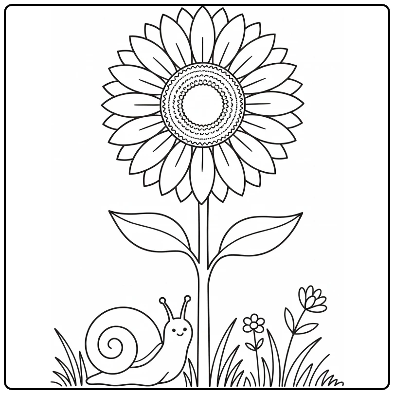 Zonnebloem kleurplaat met slak bij hoge zonnebloem