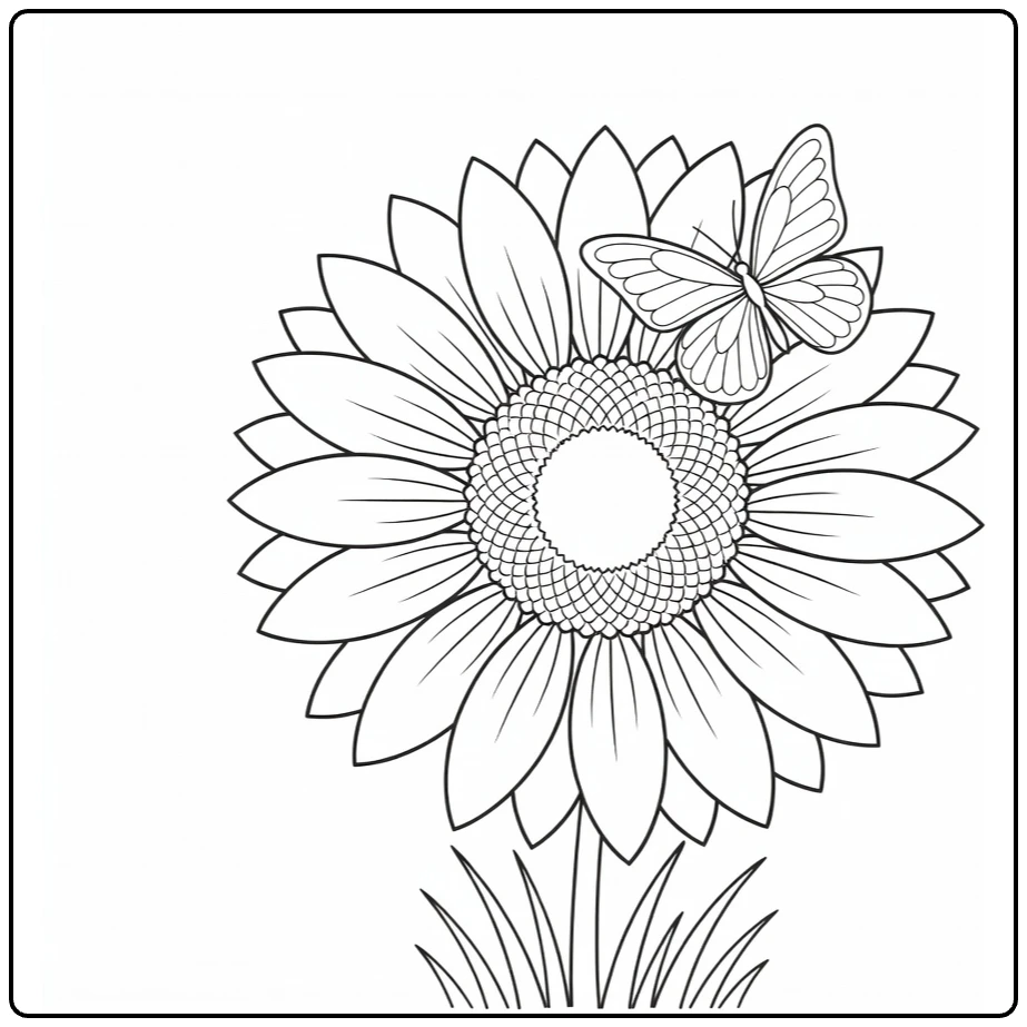Zonnebloem kleurplaat met vlinder op bloemblaadjes