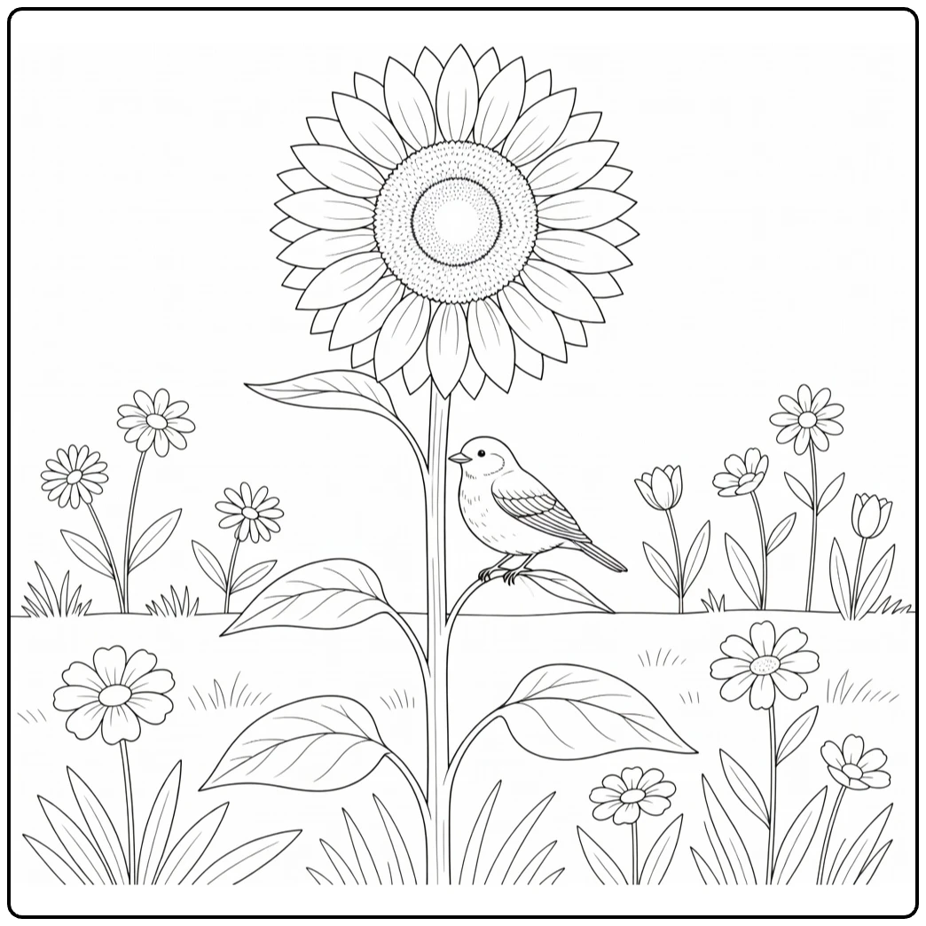 Zonnebloem kleurplaat met vogel op de steel in tuin