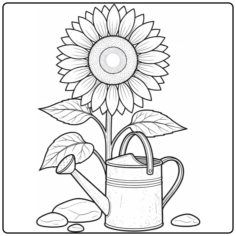 Zonnebloem kleurplaat met gieter en stenen