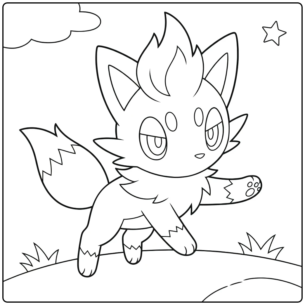 Zorua Kleurplaat schattig Pokémon vosje met vlammenkuif