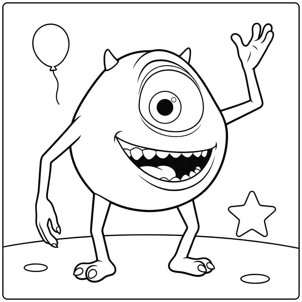 Monsters En Co Kleurplaat: Mike Wazowski zwaait vrolijk
