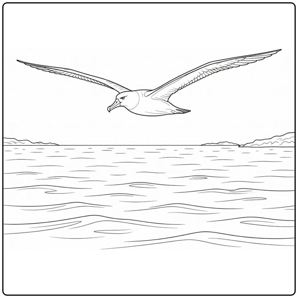 Albatros Kleurplaat met albatros over oceaan golven