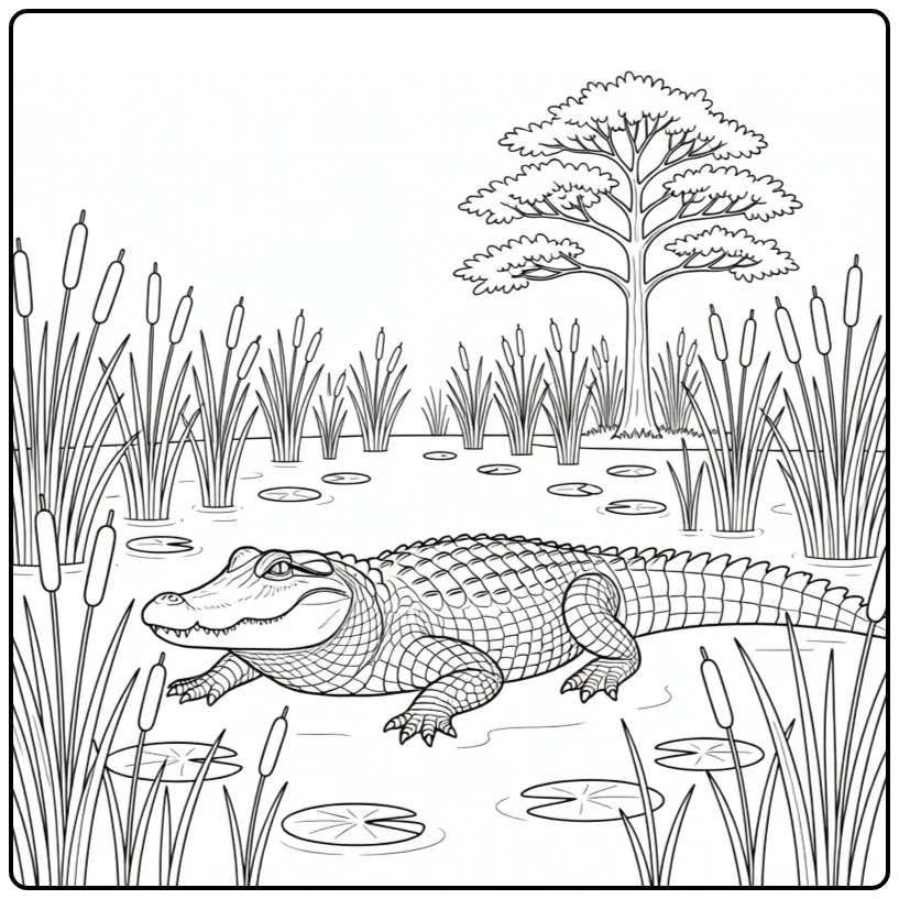 Alligator Kleurplaat brede alligator in moeras met lelies