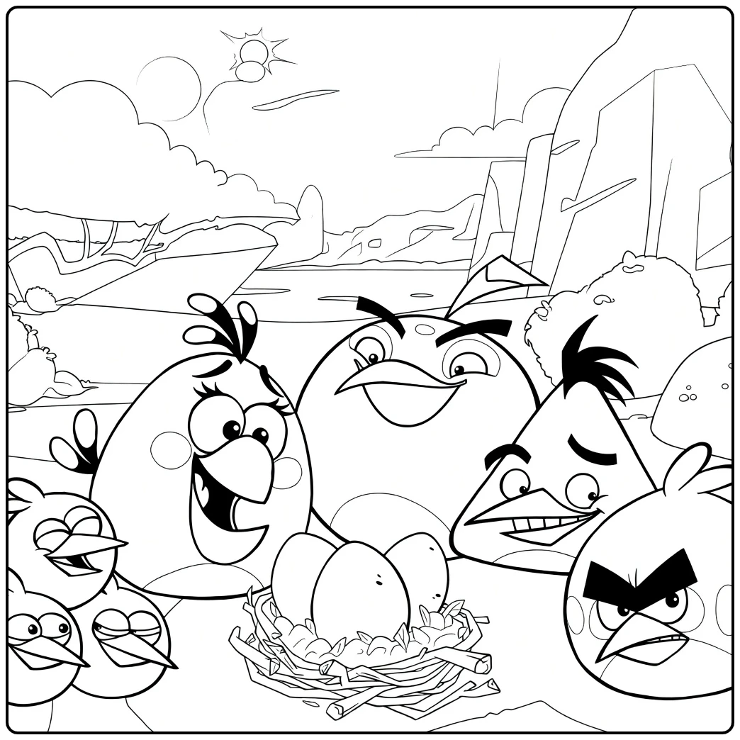 Angry Birds Kleurplaat met vogels rond een nest vol eieren