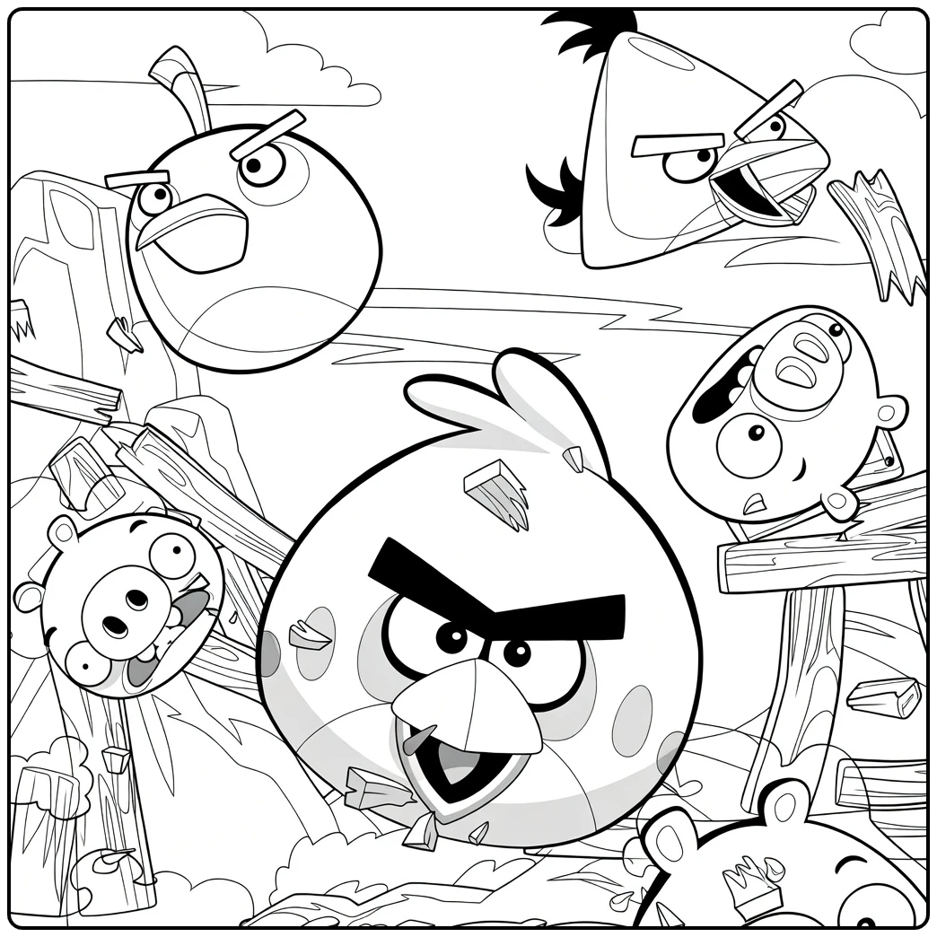 Angry Birds Kleurplaat met Red Chuck en Bomb in actie