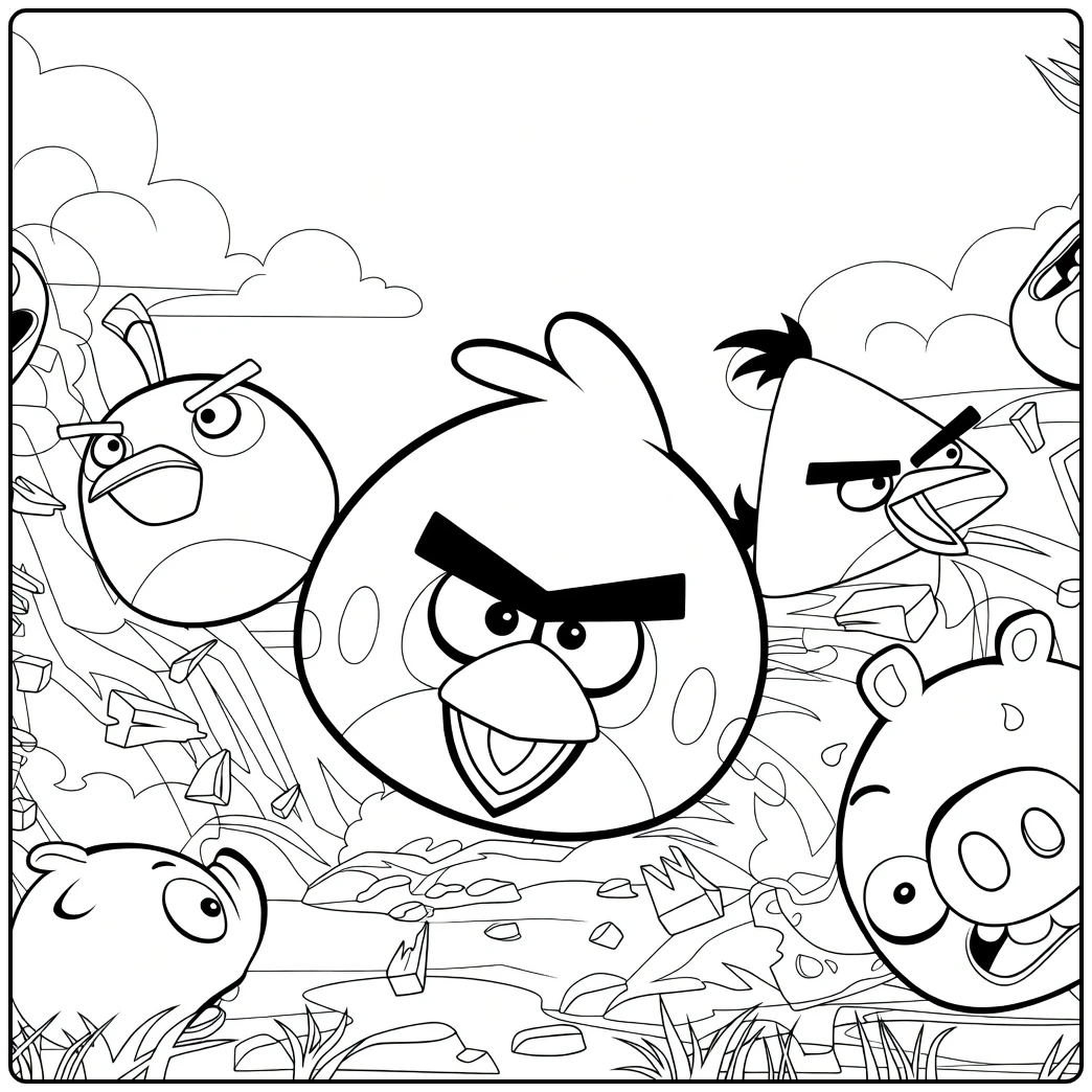 Angry Birds Kleurplaat met boze vogels en varkens