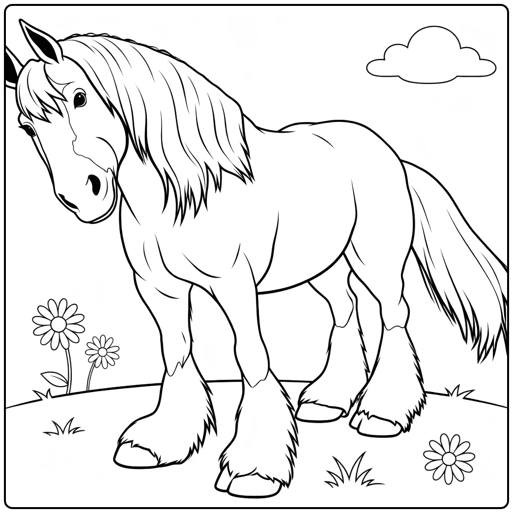 Angus Kleurplaat paard met bloemen en wolk in de wei