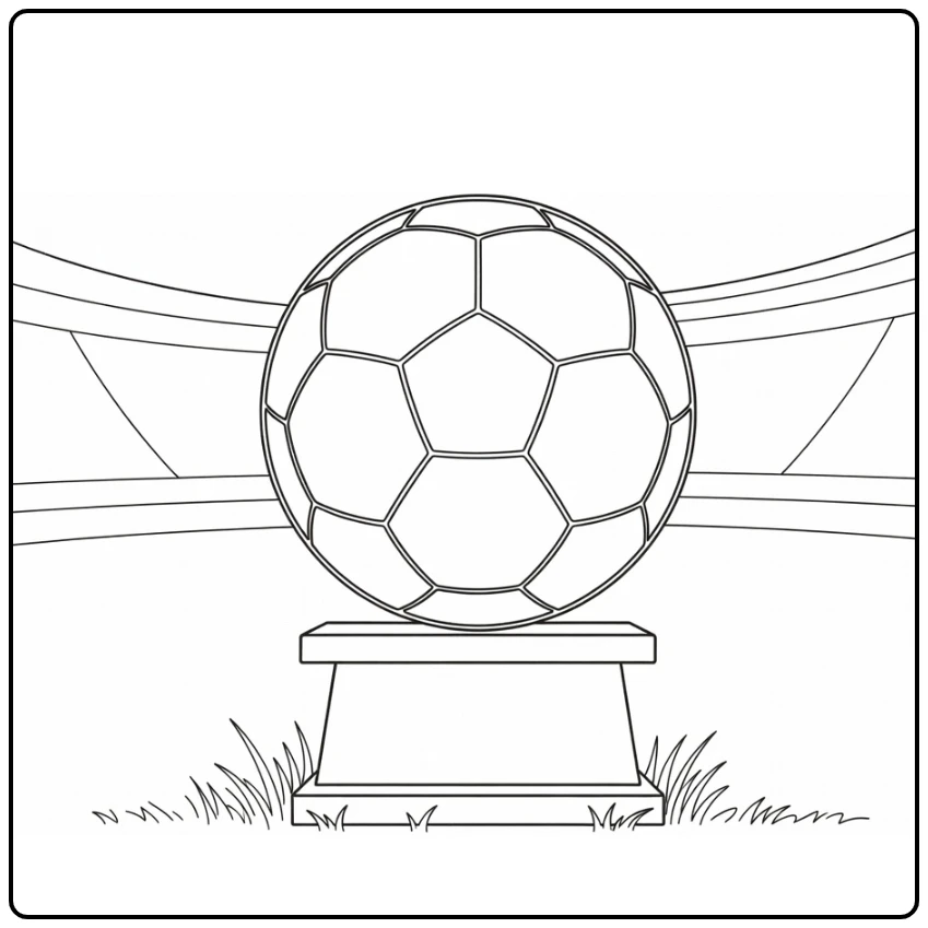 bal voetbal kleurplaat met bal op trofeestand en stadion