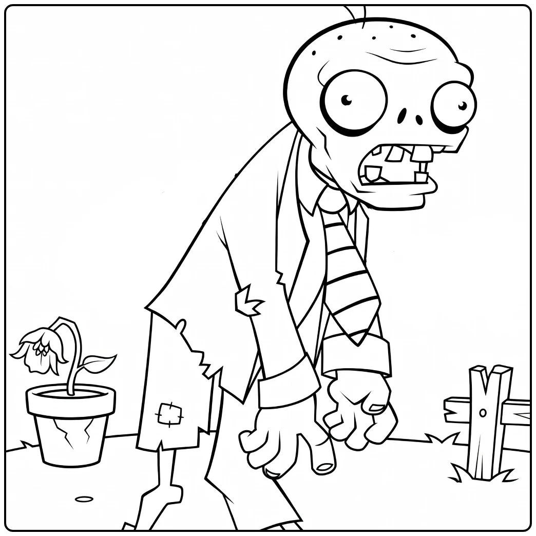 Basic Zombie Kleurplaat met plant en hek