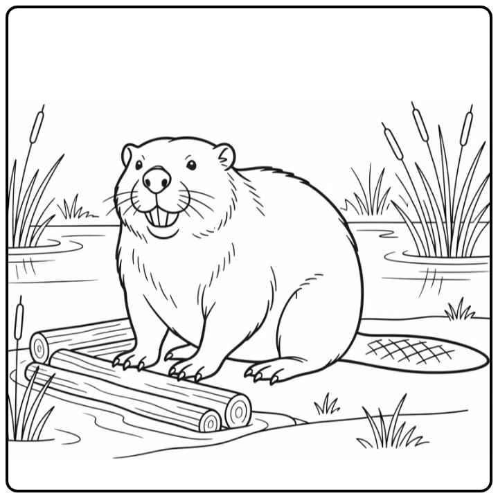 Bever Kleurplaat met bever naast dam en riet