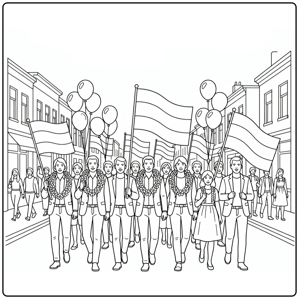 Bevrijdingsdag Kleurplaat van parade met vlaggen en ballonnen