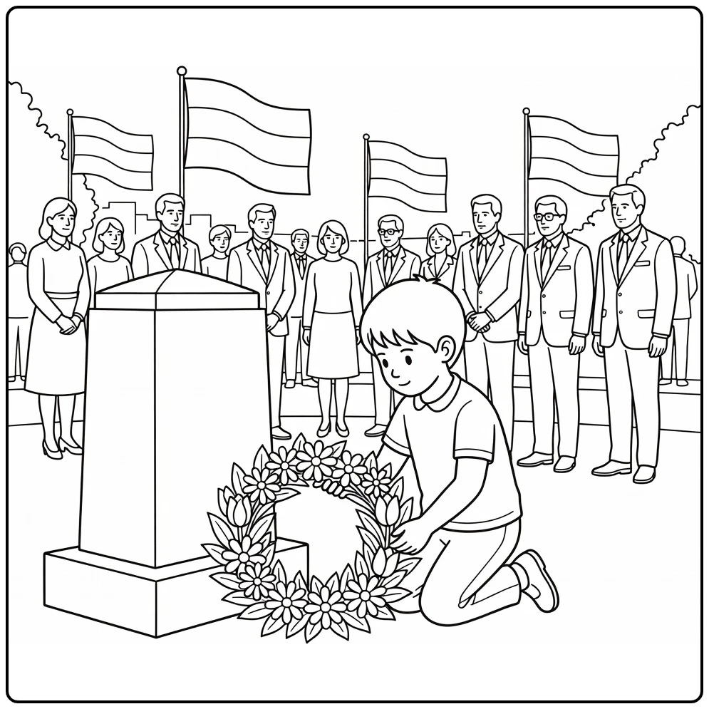Bevrijdingsdag Kleurplaat: kind bij monument met vlaggen