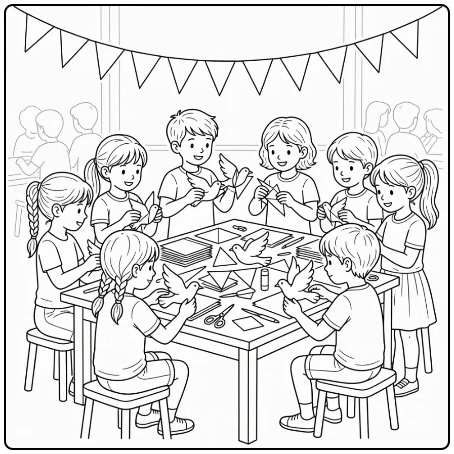 Bevrijdingsdag Kleurplaat kinderen maken duiven en vlaggen