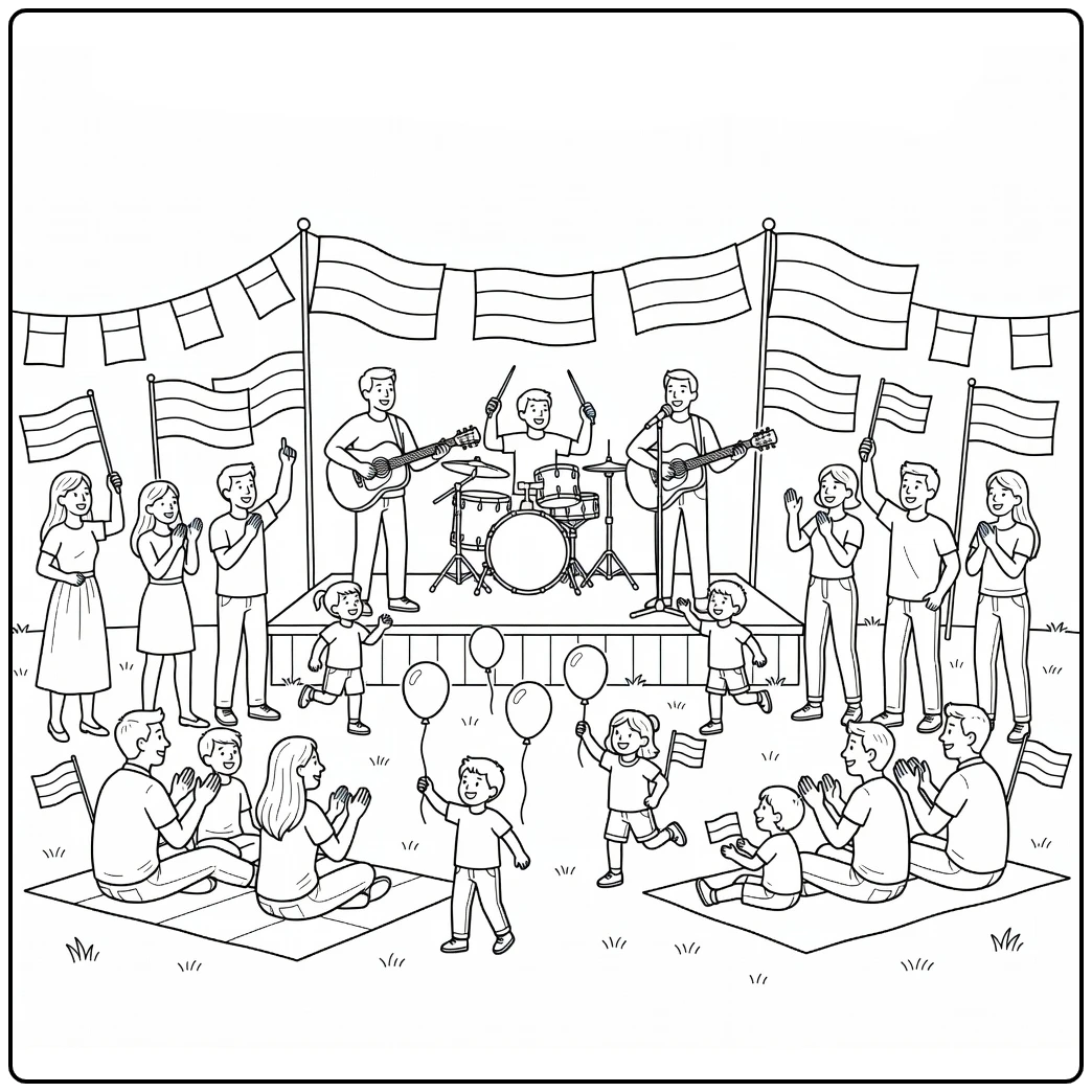 Bevrijdingsdag Kleurplaat van vrijheid concert met vlaggen