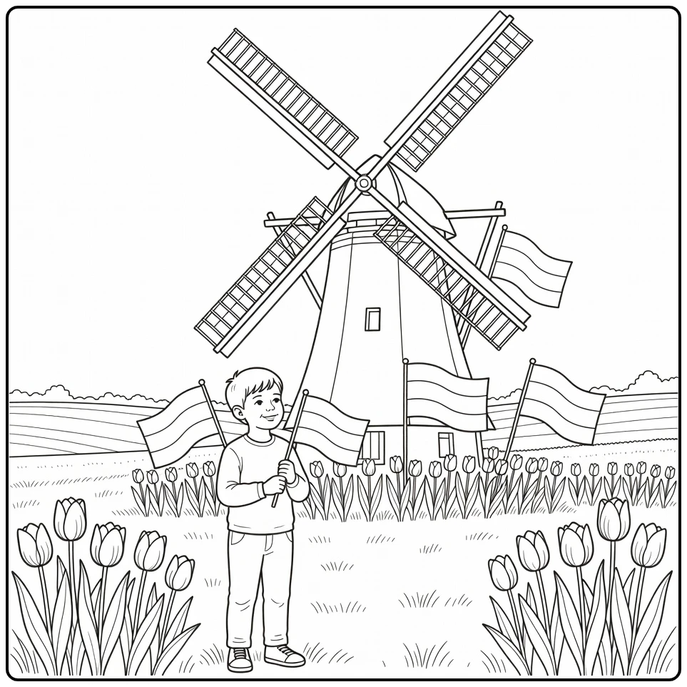 Bevrijdingsdag Kleurplaat kind bij windmolen met tulpen