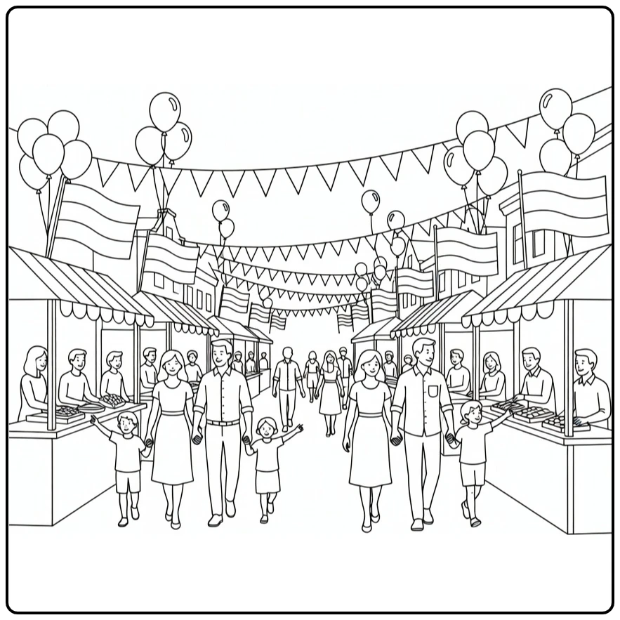 Bevrijdingsdag Kleurplaat van straatfeest met vlaggen