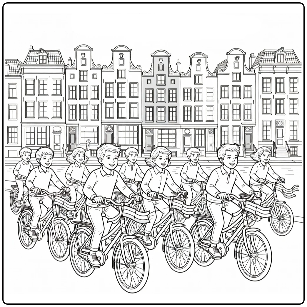 Bevrijdingsdag Kleurplaat kinderen op versierde fietsen in straat