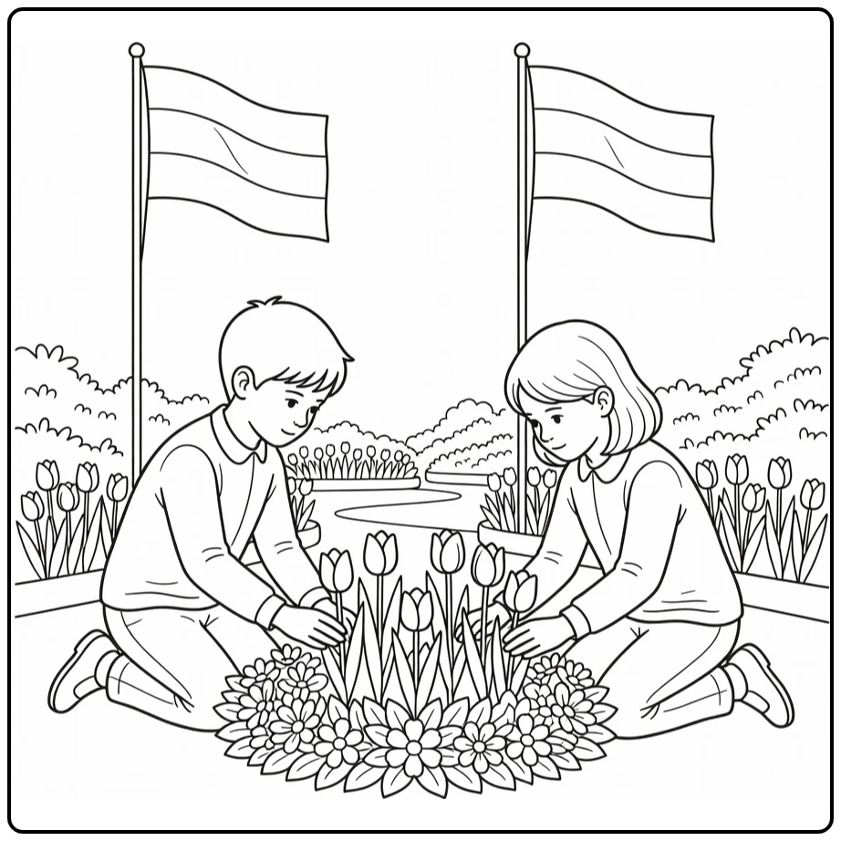 Bevrijdingsdag Kleurplaat met twee kinderen en tulpen bij krans