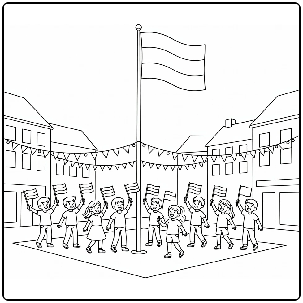 Bevrijdingsdag Kleurplaat plein met vlaggenmast