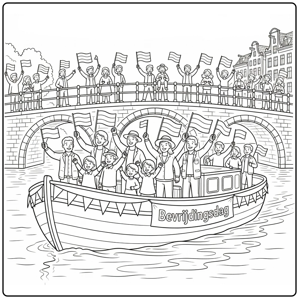 Bevrijdingsdag Kleurplaat boot vaart door kanaal