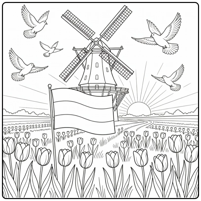 Bevrijdingsdag Kleurplaat met zonsopgang windmolen en vlag
