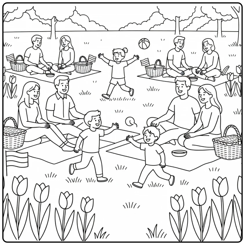 Bevrijdingsdag Kleurplaat van picknick met families en tulpen