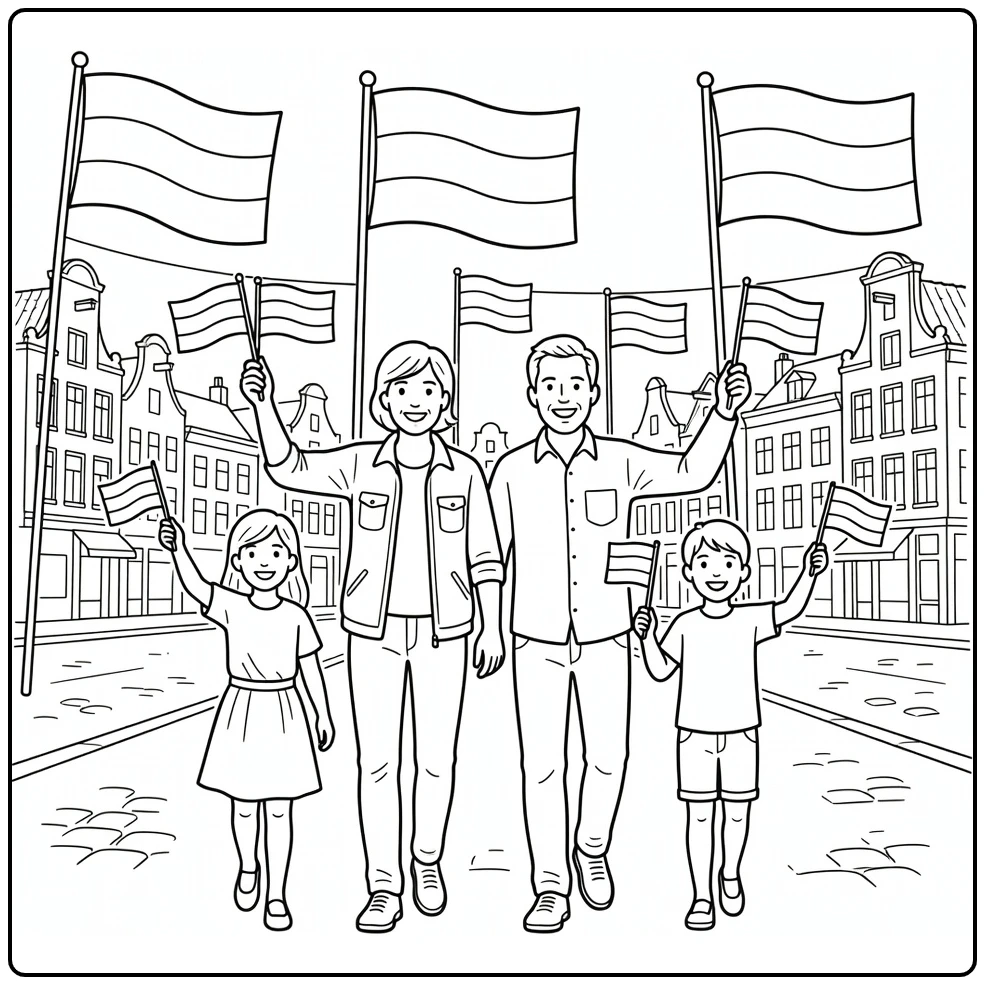 Bevrijdingsdag Kleurplaat van familie met vlaggen