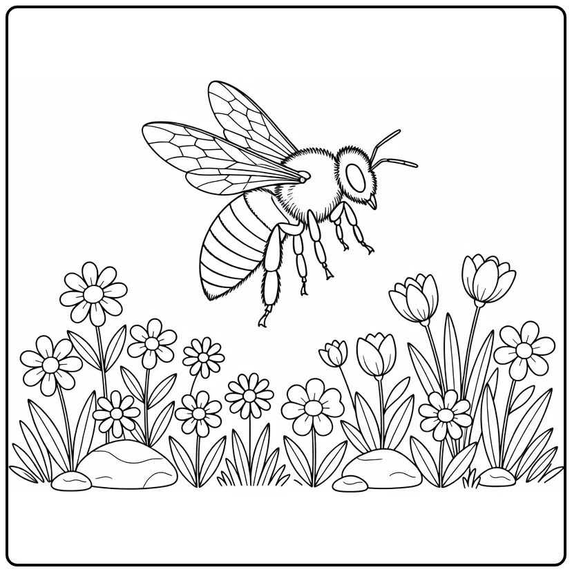 Bij Kleurplaat van een bij boven bloemen en bladeren