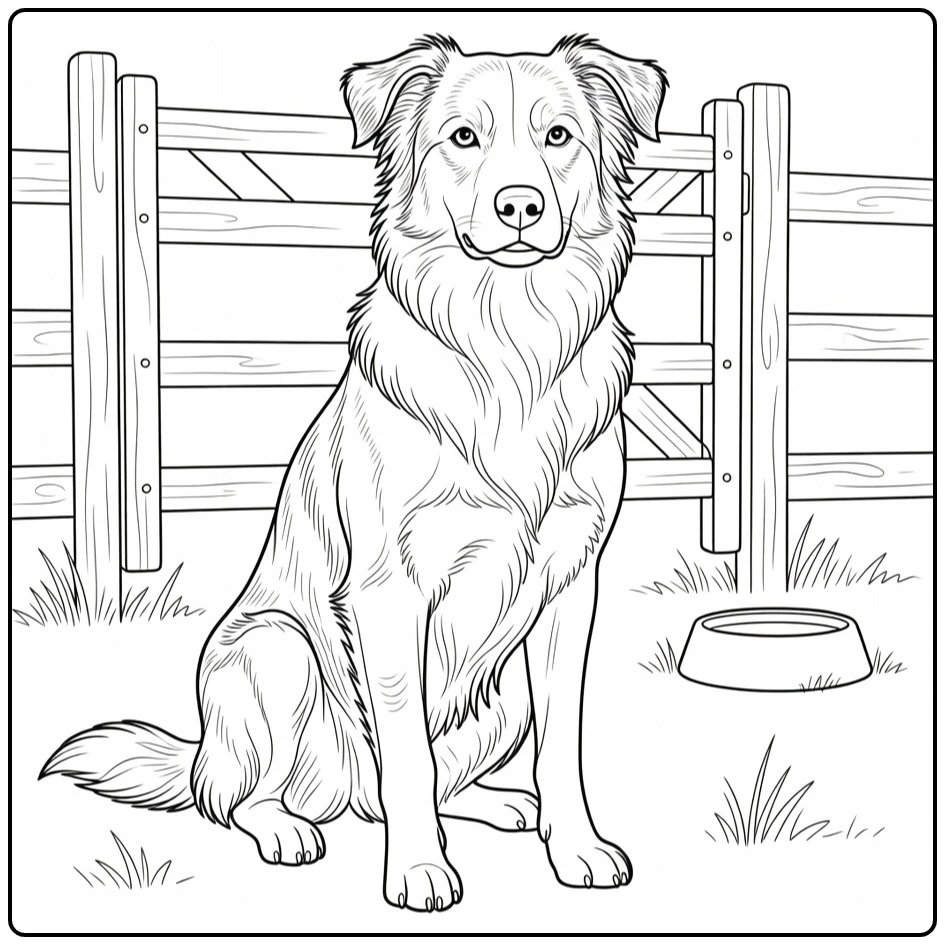 Boerderijhond Kleurplaat met hond bij schuurpoort en hek