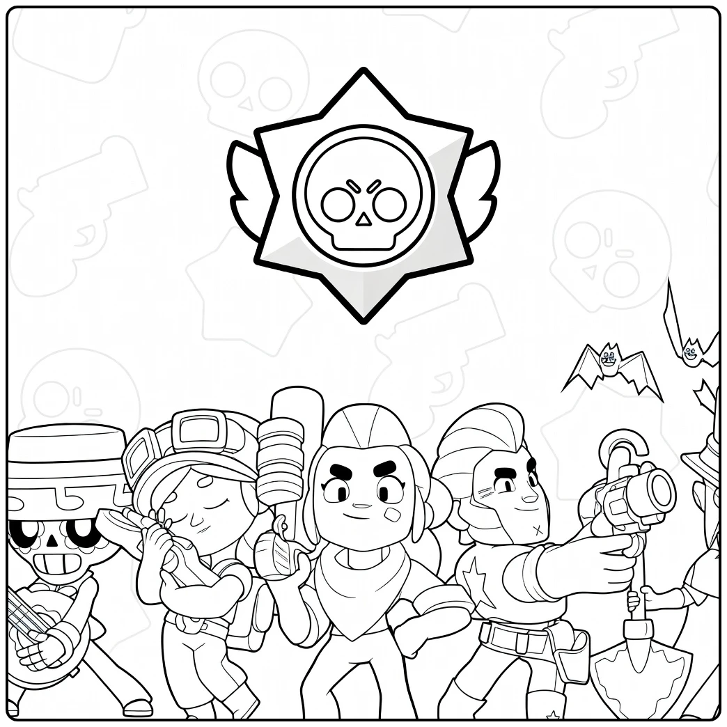 Brawl Stars kleurplaat met helden en skull logo