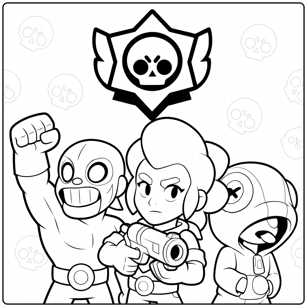 Brawl Stars kleurplaat met helden en schedelster
