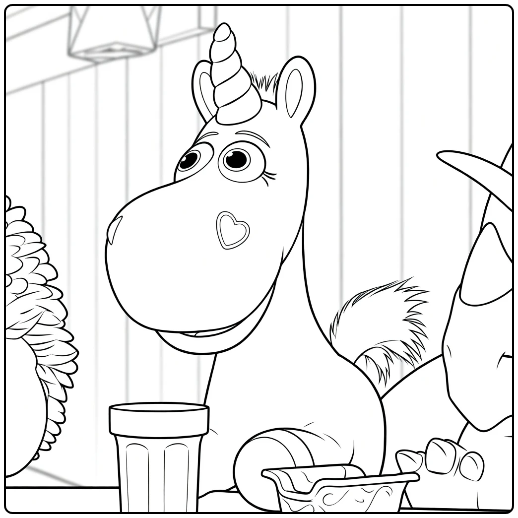 Buttercup Kleurplaat met eenhoorn en dinosaurus