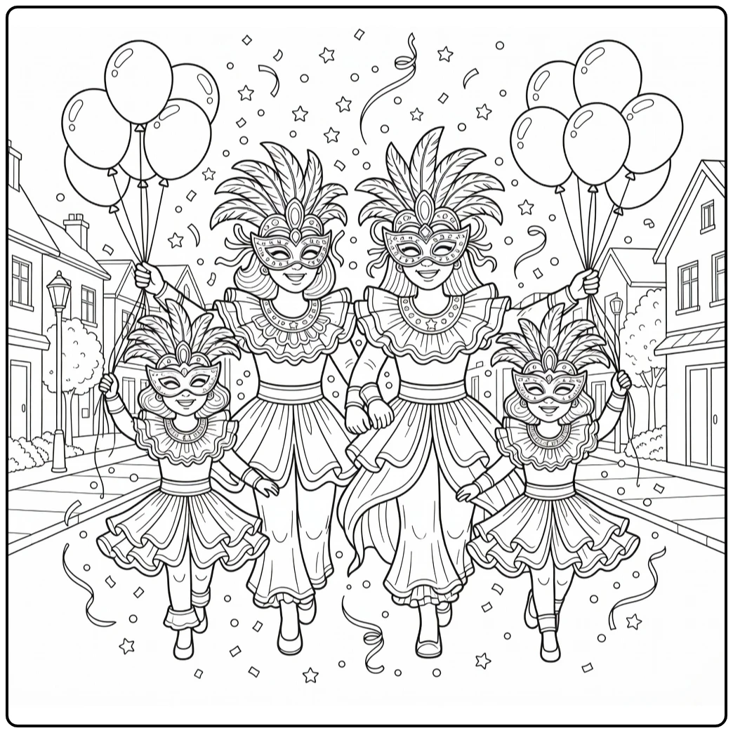 Carnaval Kleurplaat familie met maskers en confetti