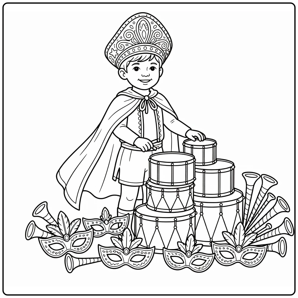 Carnaval Kleurplaat kind met cape en hoed bij drums
